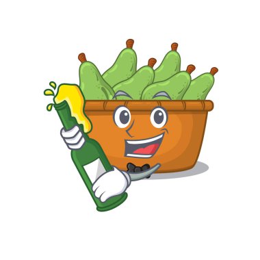 Bira şişesi maskotu tarzı armut meyve kutusu. Vektör illüstrasyonu