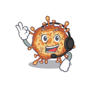 Kulaklık takan etkileyici retro virüs Corona çizgi film karakteri tasarımı. Vektör illüstrasyonu