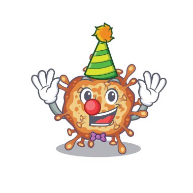 Şirin ve komik palyaço retro virüs Corona çizgi film karakteri maskot stili. Vektör illüstrasyonu