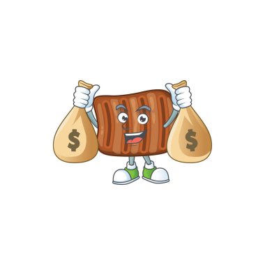 Mutlu kızarmış et maskotu tasarımı para çantaları taşıyor.