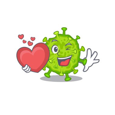 A romantic cartoon design of virus corona cell holding heart. Vector illustration clipart