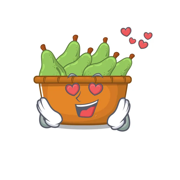 Lindo personaje de dibujos animados caja de fruta de pera que muestra una caída en el amor cara — Vector de stock