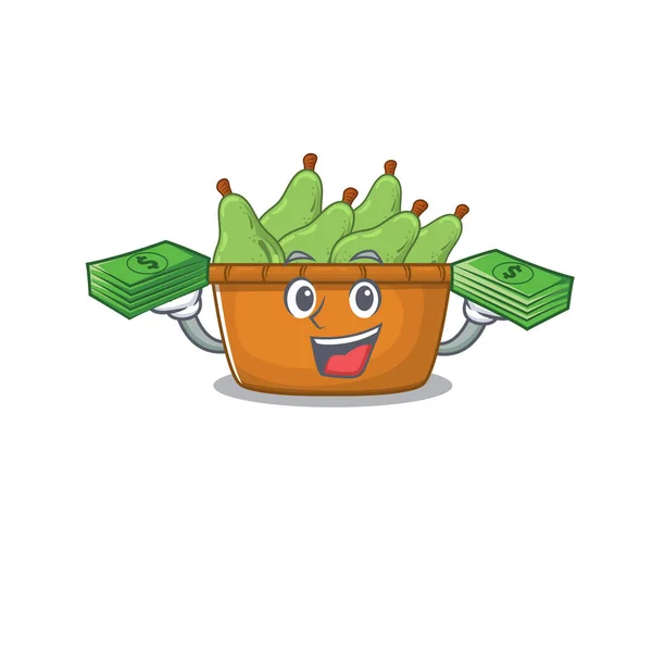 Χαρούμενο πρόσωπο αχλάδι χαρακτήρα κουτί φρούτα έχοντας χρήματα στα χέρια — Διανυσματικό Αρχείο