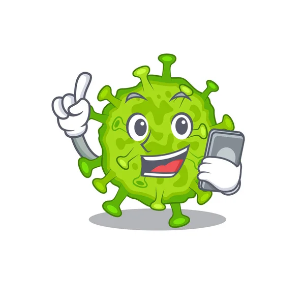 Diseño Mascota Célula Corona Virus Hablando Por Teléfono Ilustración Vectorial — Vector de stock