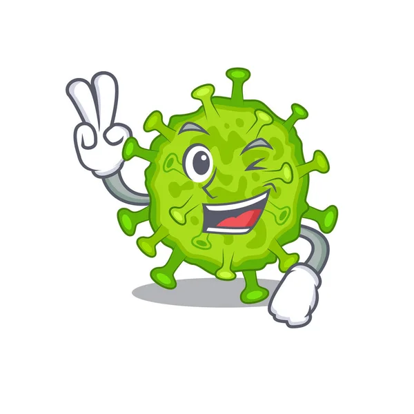 Alegre Diseño Mascota Célula Corona Del Virus Con Dos Dedos — Vector de stock