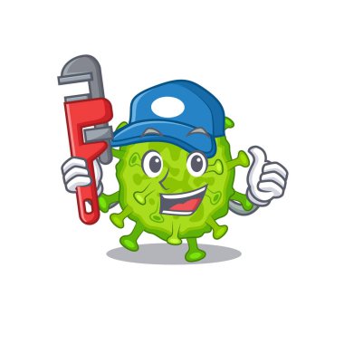 Akıllı Tesisatçı Virüs Corona hücresi çizgi film karakteri tasarımında. Vektör illüstrasyonu