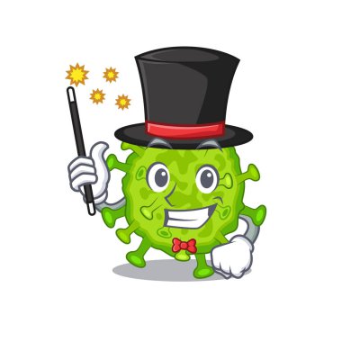 Büyüleyici virüs Corona hücre çizgi film dizaynı performansı bir sihirbaz stili olarak. Vektör illüstrasyonu