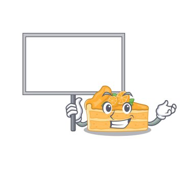 Cheesecake turuncu sevimli çizgi film karakteri bir tahta getir.