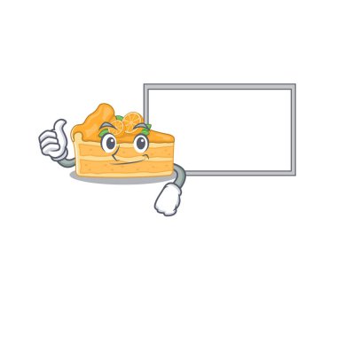 Tatlı cheesecake turuncu çizgi film karakteri Başparmaklar yukarı, beyaz bir tahta getirin.