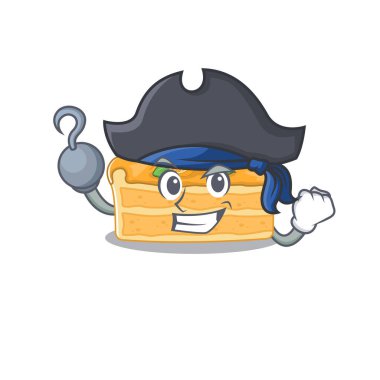 Bir elinde turuncu peynirli kek, bir elinde şapka olan Korsan çizgi film tasarımı tarzı.