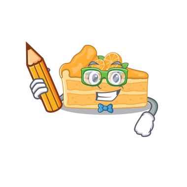 Akıllı bir öğrenci çizkek turuncu karakteri, kalem ve gözlüklü.