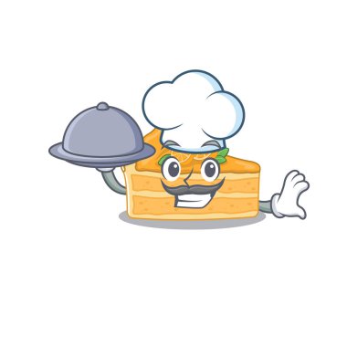 Şef çizgi film karakteri olarak Cheesecake Orange ve tepside yemek.