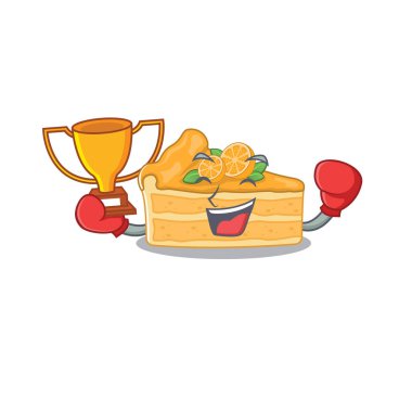 Maskot tasarımı tarzında turuncu peynirli kek kazanan boksörün mutlu yüzü