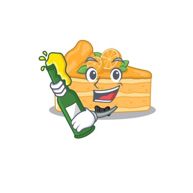 Portakallı cheesecake, bira şişesi, maskot tarzı.