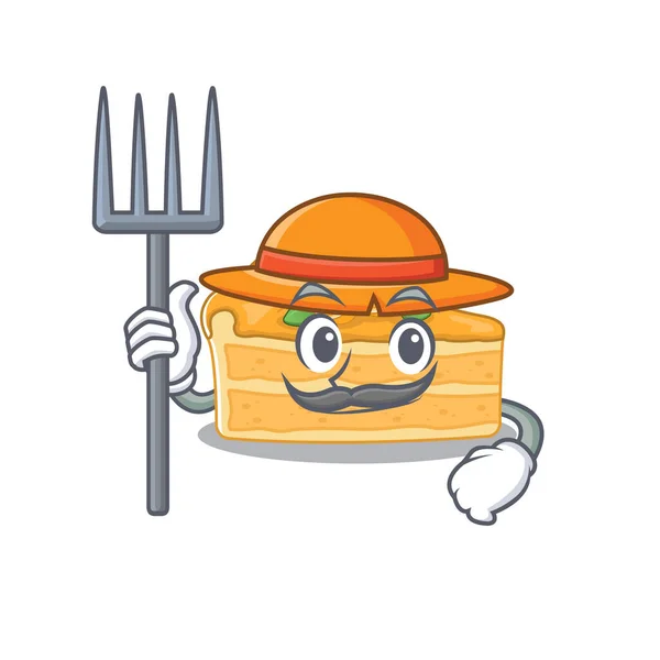 Cheesecake laranja em personagem de desenho animado Farmer com chapéu e forquilha — Vetor de Stock