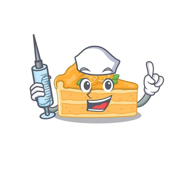 Amistosa enfermera de cheesecake naranja mascota diseño celebración jeringa — Vector de stock