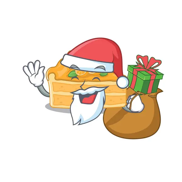 Santa cheesecake naranja Diseño de personajes de dibujos animados con caja de regalo — Vector de stock