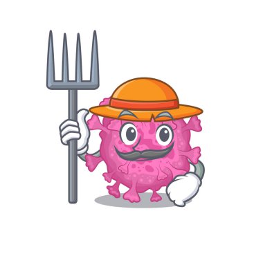 Corona virüsü, çiftçi çizgi filminde şapka ve dirgenli organik karakter.