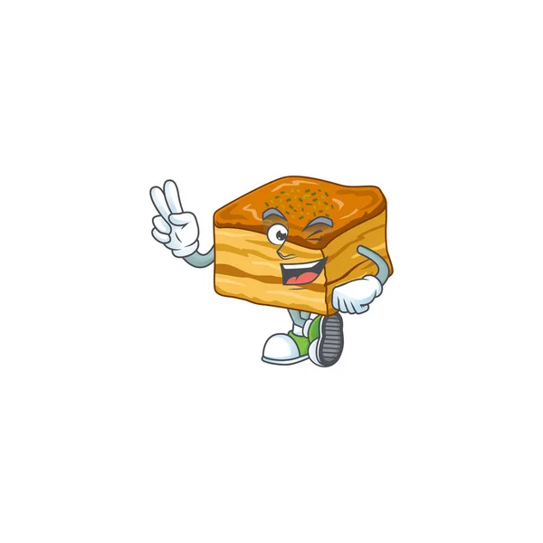 Um alegre design mascote baklava mostrando seus dois dedos — Vetor de Stock