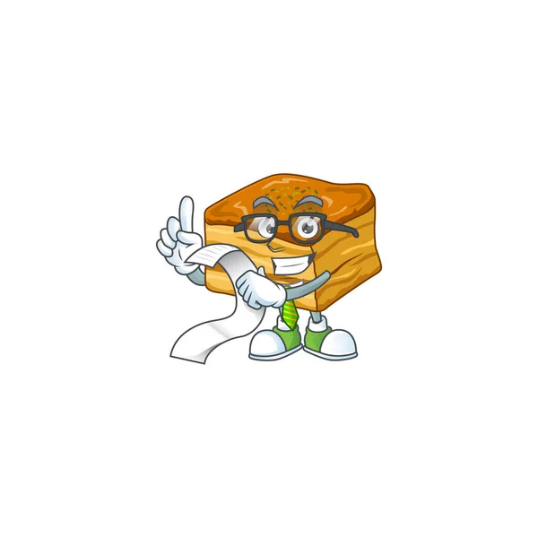Personnage de dessin animé de baklava tenant menu sur sa main — Image vectorielle