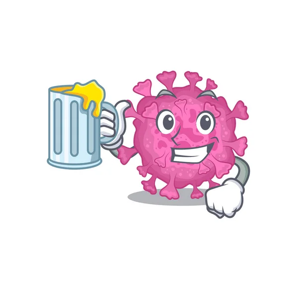 Cheerful corona virus organic mascot design with a glass of beer — Stock Vector