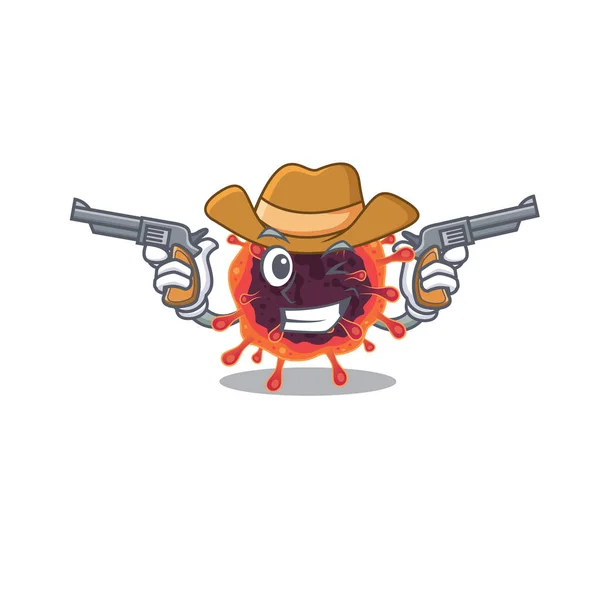 Divertente zona virus corona come un personaggio dei cartoni animati cowboy in possesso di pistole — Vettoriale Stock