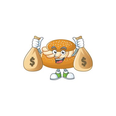 Mutlu zengin semla maskot tasarımı para çantaları taşıyor. Vektör illüstrasyonu