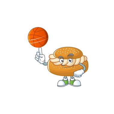 Basketbol ile çekici semla çizgi film karakteri tasarımı. Vektör illüstrasyonu