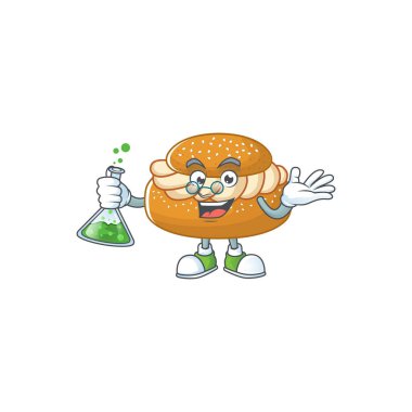 Semla zeki Profesör Çizgi Film tasarımı bir cam tüpü kavrıyor. Vektör illüstrasyonu