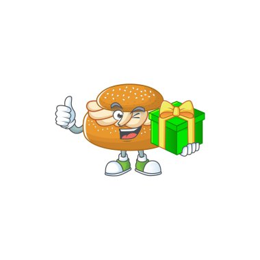 Neşeli semla çizgi film karakteri bir hediye kutusu tutuyor. Vektör illüstrasyonu