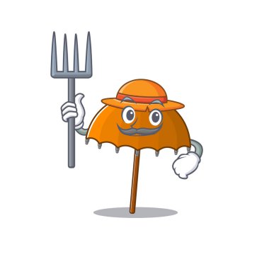 Çiftçi çizgi filminde şapka ve dirgenli turuncu şemsiye. Vektör illüstrasyonu