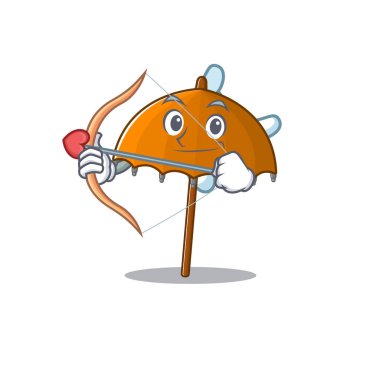 Turuncu şemsiyeli romantik bir aşk tanrısı çizgi film karakteri, ok ve kanatlı. Vektör illüstrasyonu