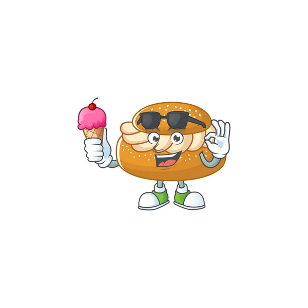 Cartoon Character Semla Enjoying Ice Cream Vector Illustration — Stock Vector