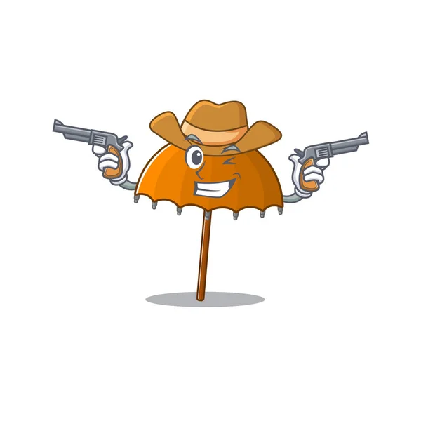 Grappige Oranje Paraplu Als Cowboy Stripfiguur Met Geweren Vectorillustratie — Stockvector