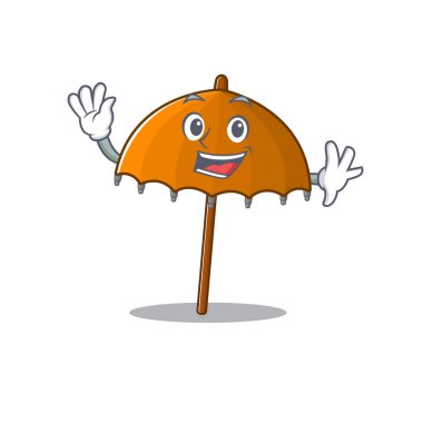 Gülen turuncu şemsiye, el sallayan maskot tasarımı. Vektör illüstrasyonu