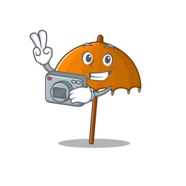 Turuncu şemsiyeli maskot tasarımı. Profesyonel fotoğrafçı ve kamera. Vektör illüstrasyonu