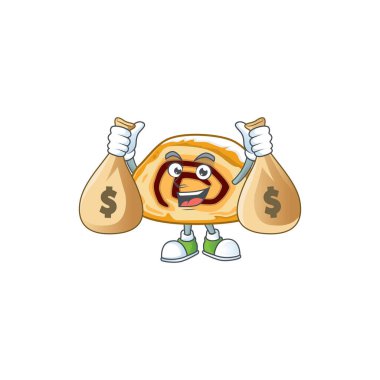 Mutlu İsviçre rulo maskot tasarımı para çantaları taşıyor. Vektör illüstrasyonu