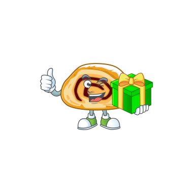 Neşeli İsviçreli çizgi film karakteri elinde hediye kutusu tutuyor. Vektör illüstrasyonu