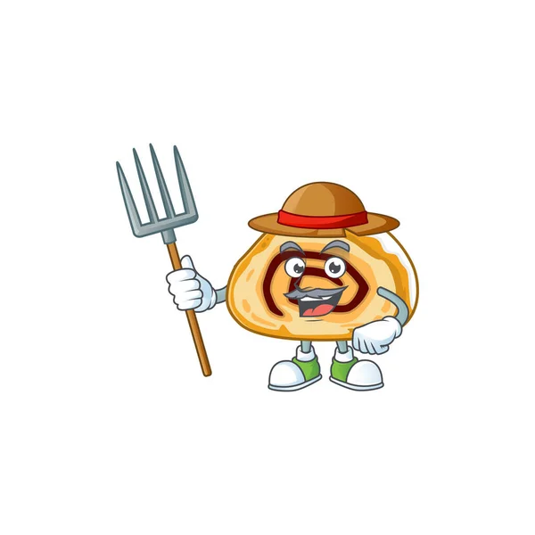 Zwitserse Roll Farmer Mascotte Ontwerp Met Hoed Hooivork Vectorillustratie — Stockvector