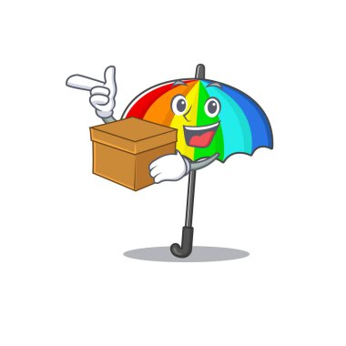 Gökkuşağı şemsiyesi karikatür tasarımı. Kutusu var. Vektör illüstrasyonu