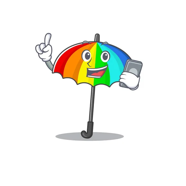 Conception Mascotte Parapluie Arc Ciel Parlant Téléphone Illustration Vectorielle — Image vectorielle