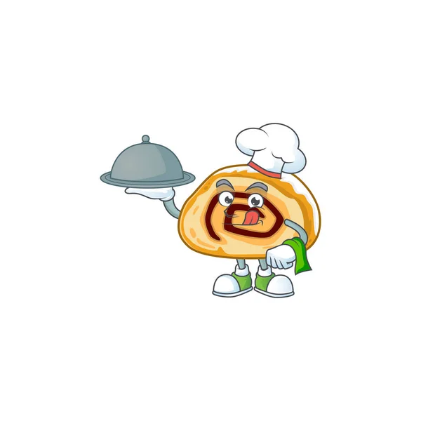 Chef personaggio cartone animato di rotolo svizzero con cibo sul vassoio — Vettoriale Stock