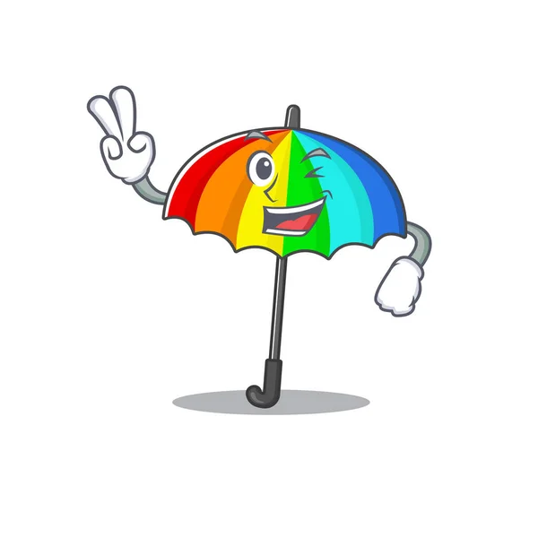 Glada Regnbåge Paraply Maskot Design Med Två Fingrar Vektorillustration — Stock vektor