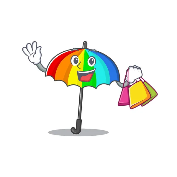 Feliz Rico Arco Iris Paraguas Mascota Diseño Agitando Sosteniendo Bolsa — Vector de stock