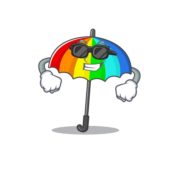 Super Cool Personaggio Mascotte Ombrello Arcobaleno Indossa Occhiali Neri Illustrazione — Vettoriale Stock