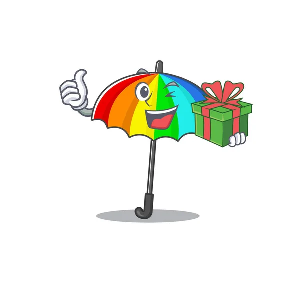 Smiley Regenschirm Cartoon Figur Mit Einem Geschenkkarton Vektorillustration — Stockvektor