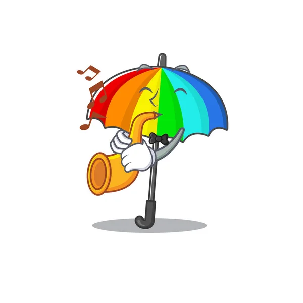 Rainbow Umbrella Cartoon Character Design Playing Trumpet Vector Illustration — Stockový vektor