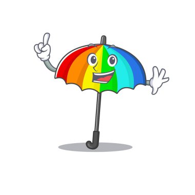 Maskot karakteri tarzında bir parmak gökkuşağı şemsiyesi. Vektör illüstrasyonu