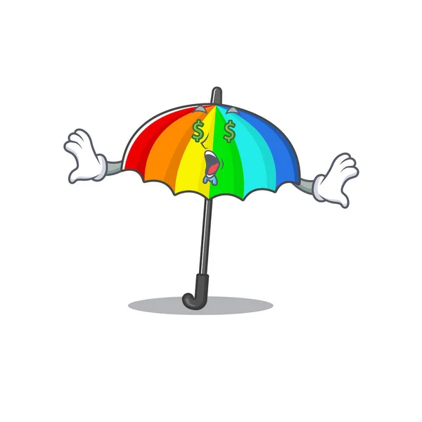 Rich Rainbow Umbrella Money Eye Mascot Character Style Vector Illustration — Stock Vector