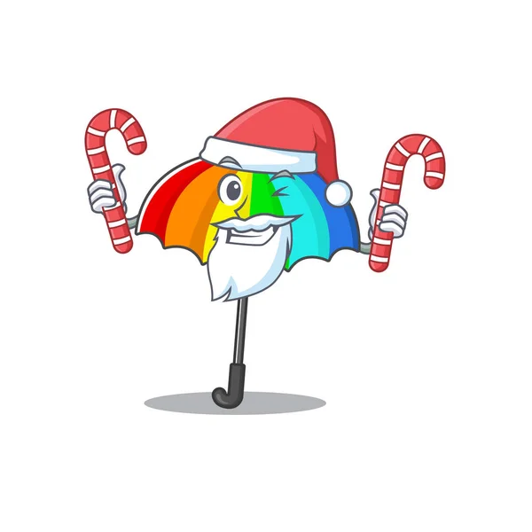 Friendly Rainbow Umbrella Santa Cartoon Character Having Candies Vector Illustration — Stock Vector